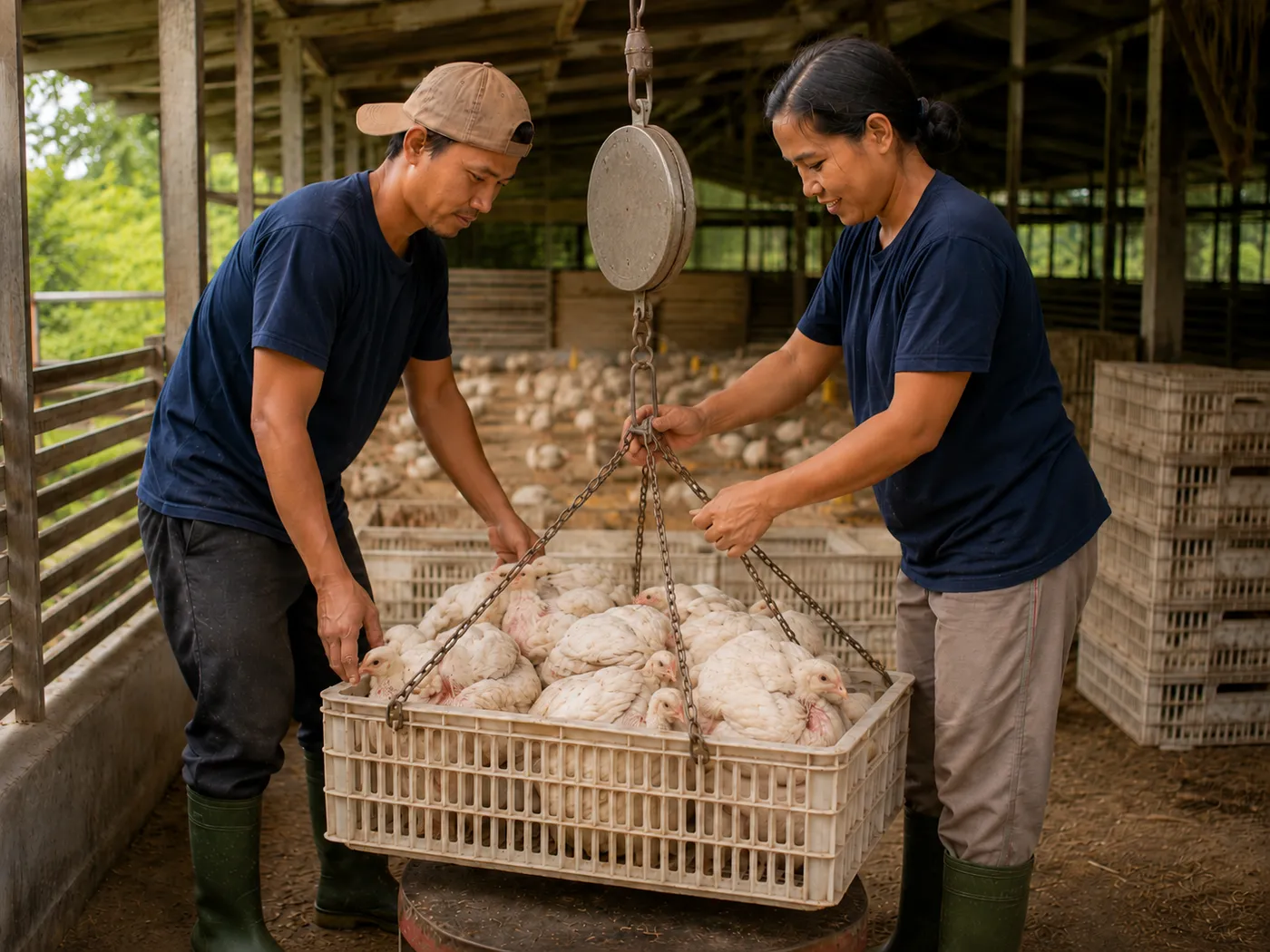 Weighing the broiler harvest